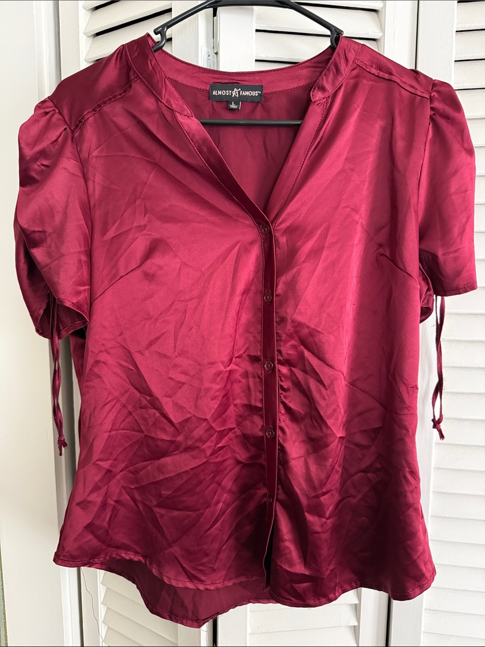 Almost Famous Wine Red Satin Button-Front Blouse
